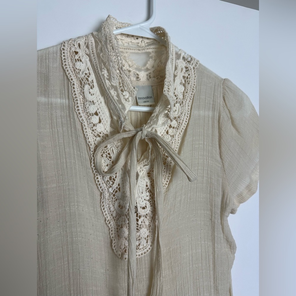 Cream Lace-Trimmed Women's Top with Bow Tie - Picture 3 of 14